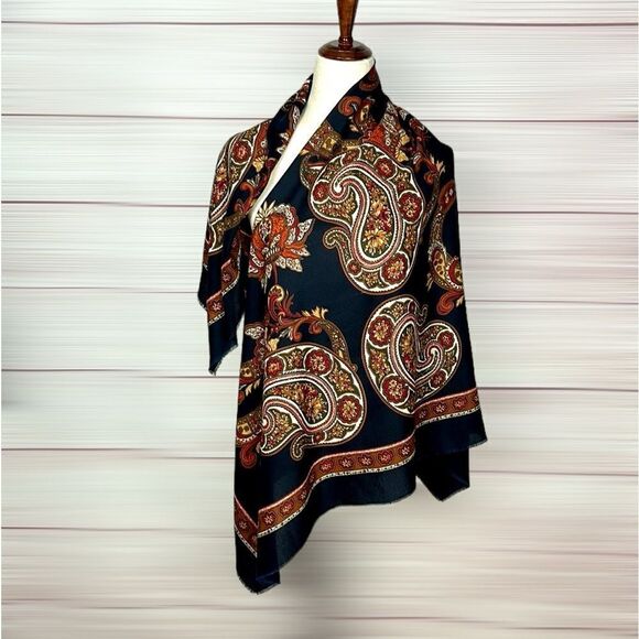 Betmar Italy Large Scarf Shawl Black Orange White Paisley - Picture 3 of 15
